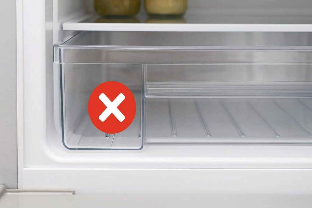 A refrigerator crisper drawer sticking out slightly, preventing the door from closing properly.
