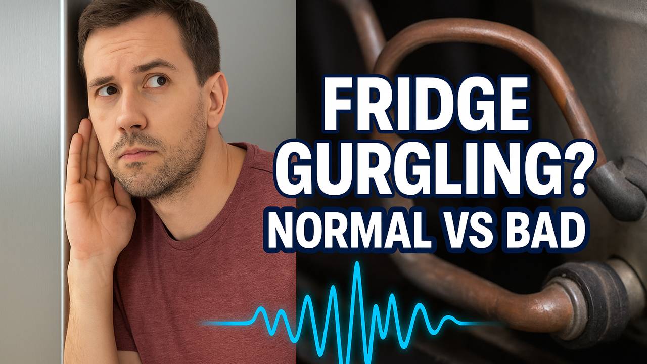 A person listening to a refrigerator making a gurgling noise, with a text overlay asking Normal or Bad?
