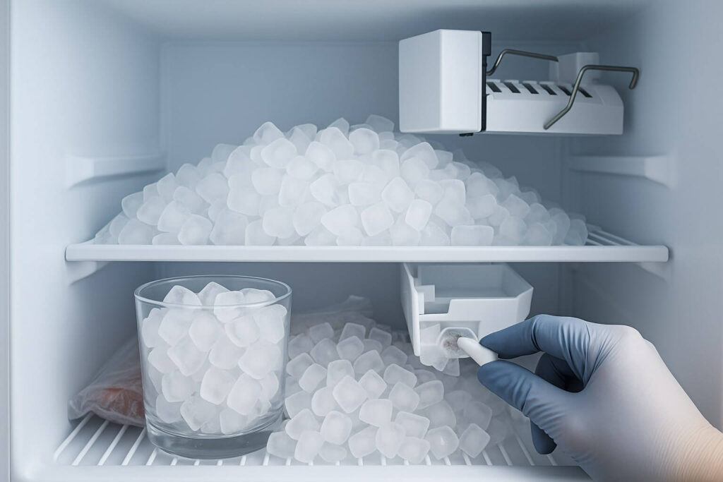 An interior shot of a refrigerator freezer showing the ice bin completely overflowing with ice, spilling onto the shelves.