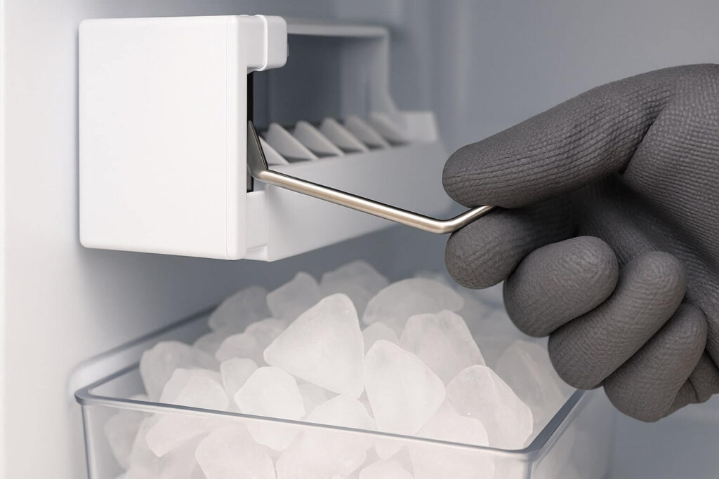 A close-up of a refrigerator ice maker showing the metal feeler arm stuck in the down position, even though the ice bin is full.