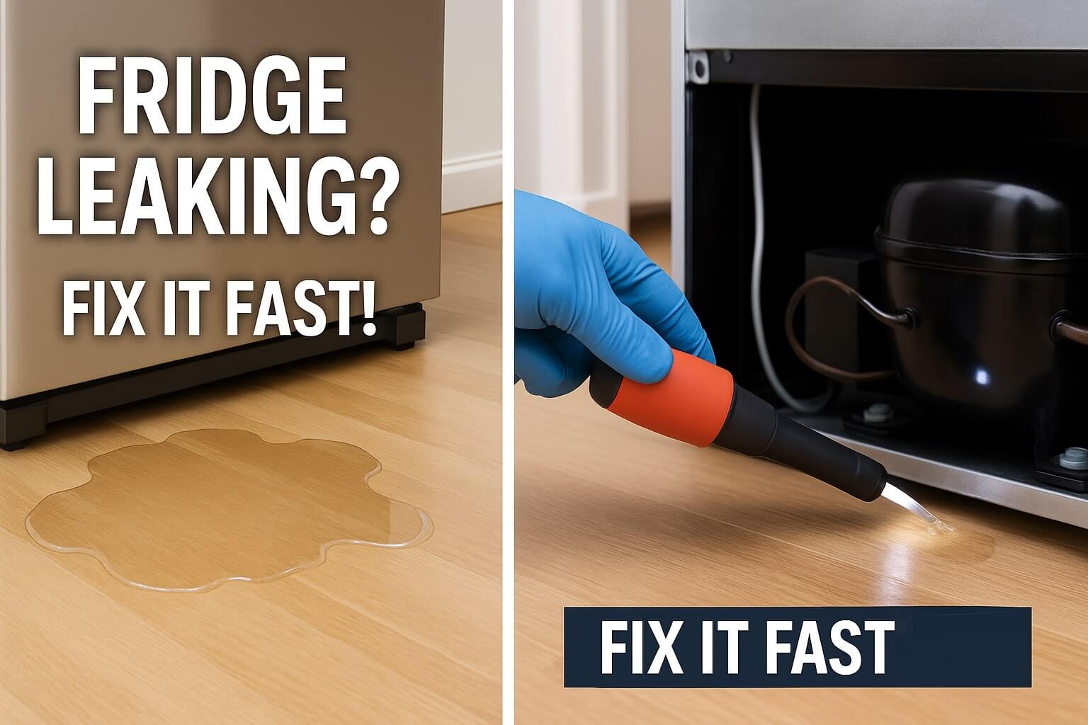 How to fix a refrigerator leaking water on the floor, showing a puddle and a hand pointing to the back of the fridge.