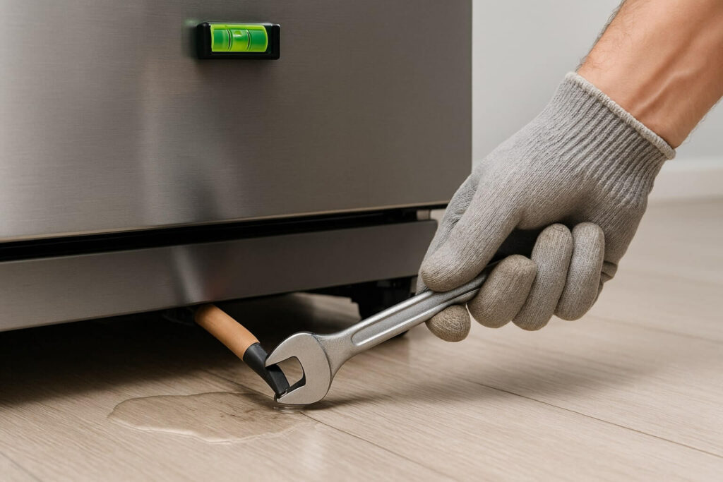 A close-up of a person's hand using a wrench to adjust the front leveling leg underneath a refrigerator, with a bubble level visible nearby.