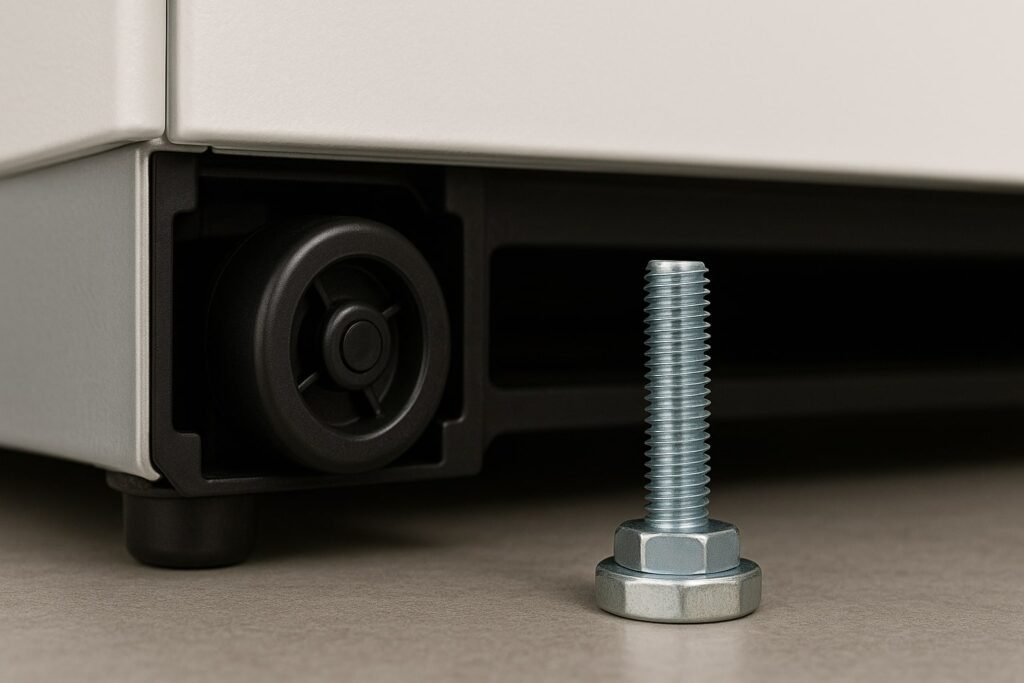 Close up of refrigerator leveling legs and rollers with the kickplate removed.