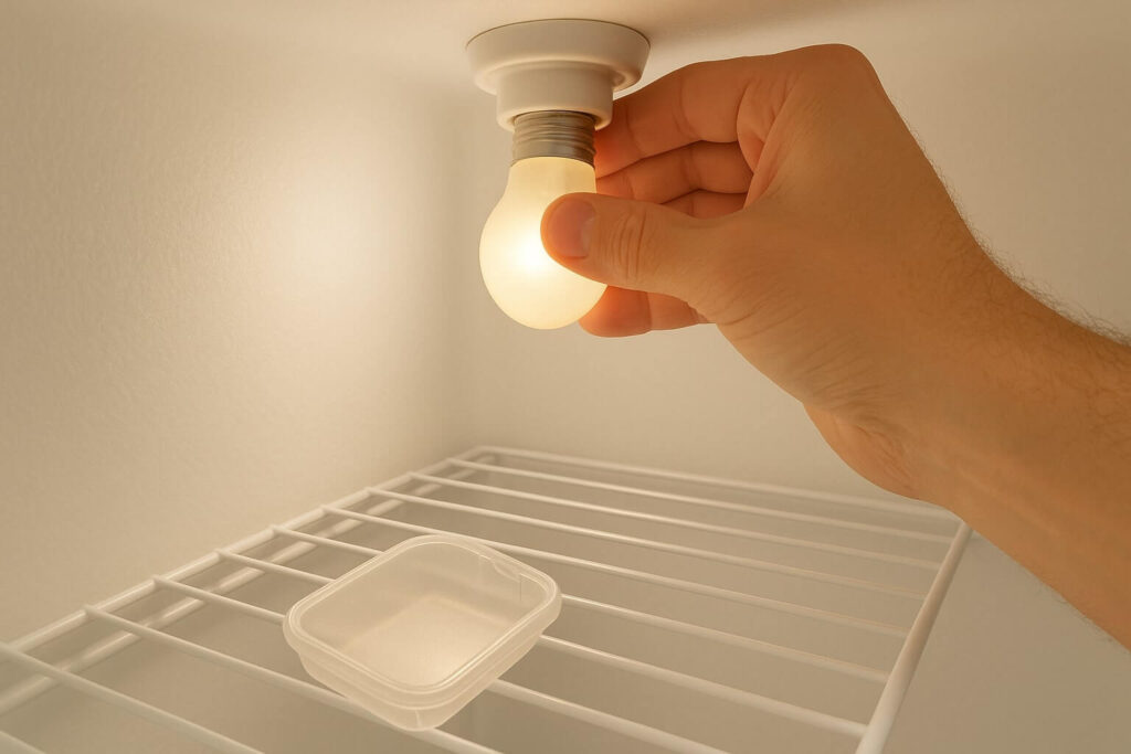 Unscrewing an old refrigerator light bulb to replace it with a new appliance bulb.