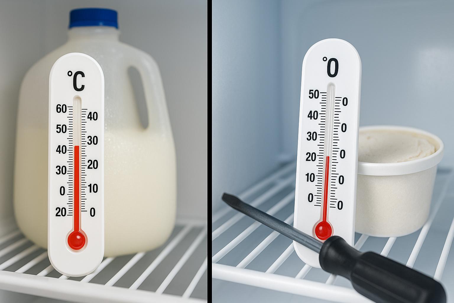 A split image showing melting milk in a warm refrigerator and frozen ice cream in a working freezer, illustrating the problem where the refrigerator is not cold but freezer is ok.