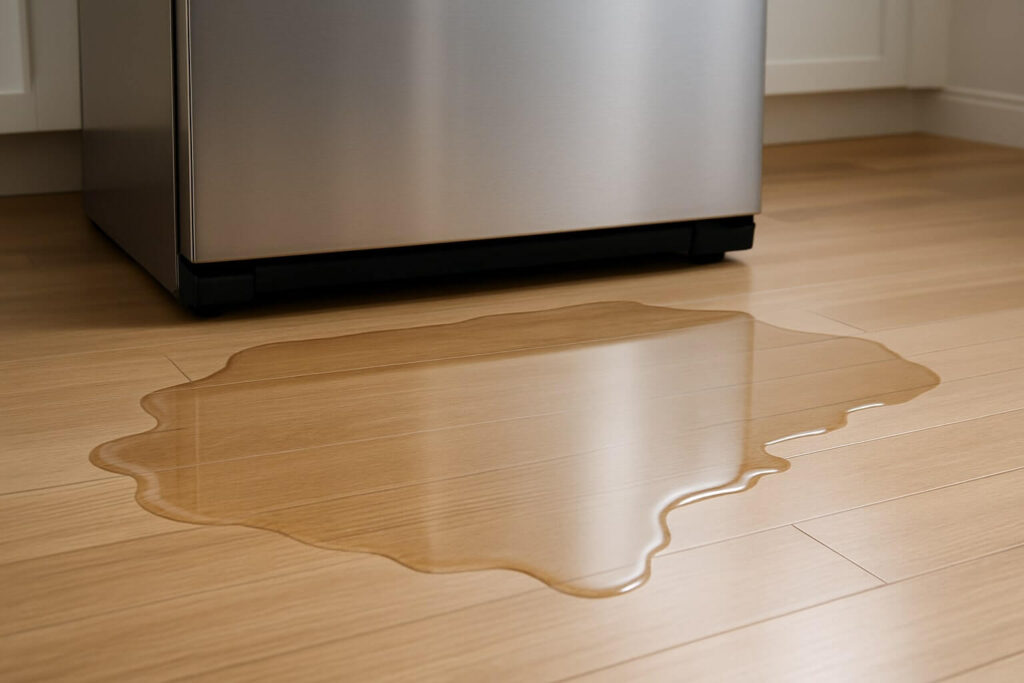 A clear puddle of water on a modern kitchen floor, spreading out from underneath the front of a silver refrigerator.