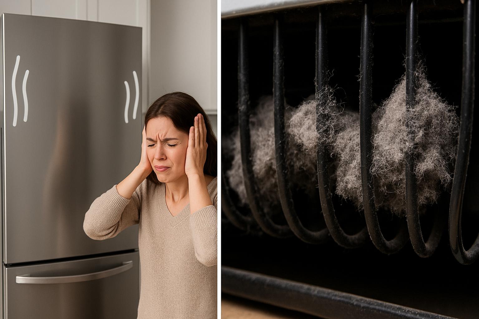 A frustration concept showing a noisy refrigerator running constantly, next to a close-up of dirty condenser coils.