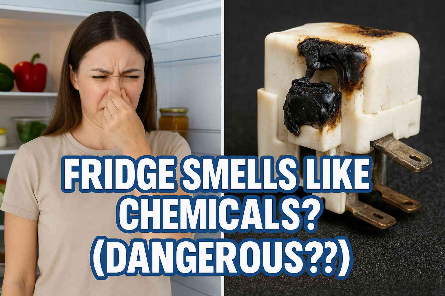 A person holding their nose in front of an open refrigerator that smells like chemicals, with text asking "Chemical Smell? Dangerous?".