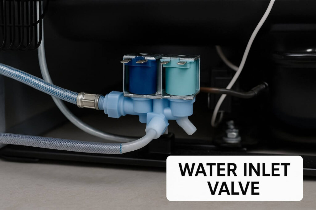 The water inlet valve located at the bottom back of a refrigerator, showing where the water supply line connects.