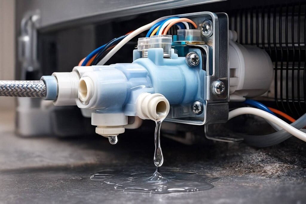 A close-up of a refrigerator water inlet valve with water visibly dripping from one of its outputs, indicating it's stuck open.
