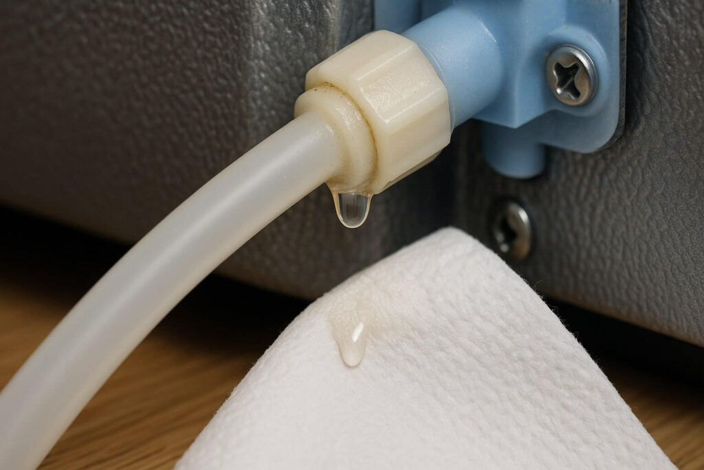 A close-up of a plastic water line connection on the back of a refrigerator, with a visible drip or wetness indicating a leak.