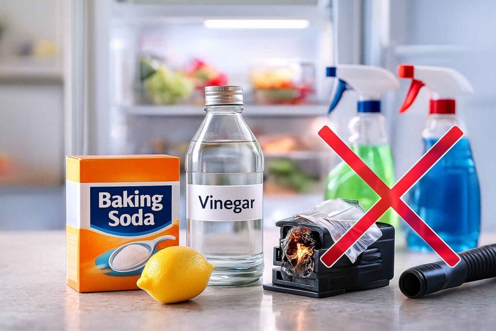 Baking soda and vinegar, safe cleaning supplies to prevent chemical smells in a refrigerator.