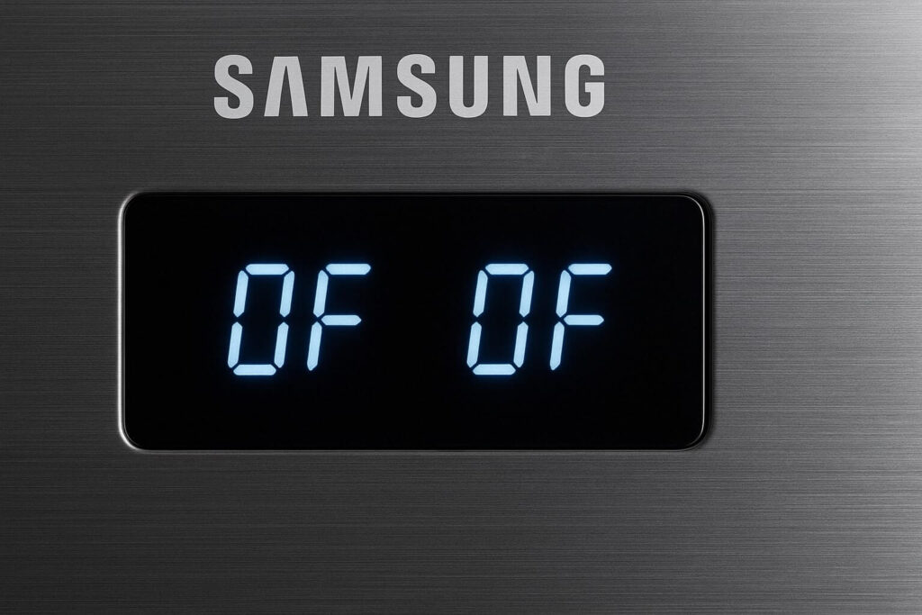 Samsung refrigerator display panel showing OF code indicating demo mode.