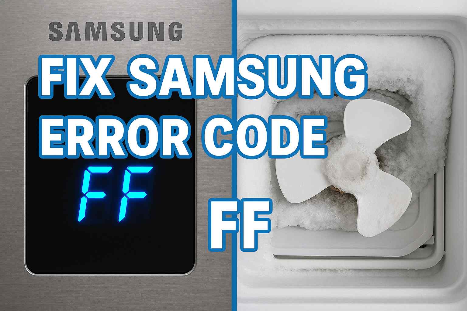 A Samsung refrigerator display panel showing the FF error code, next to a frozen freezer fan.