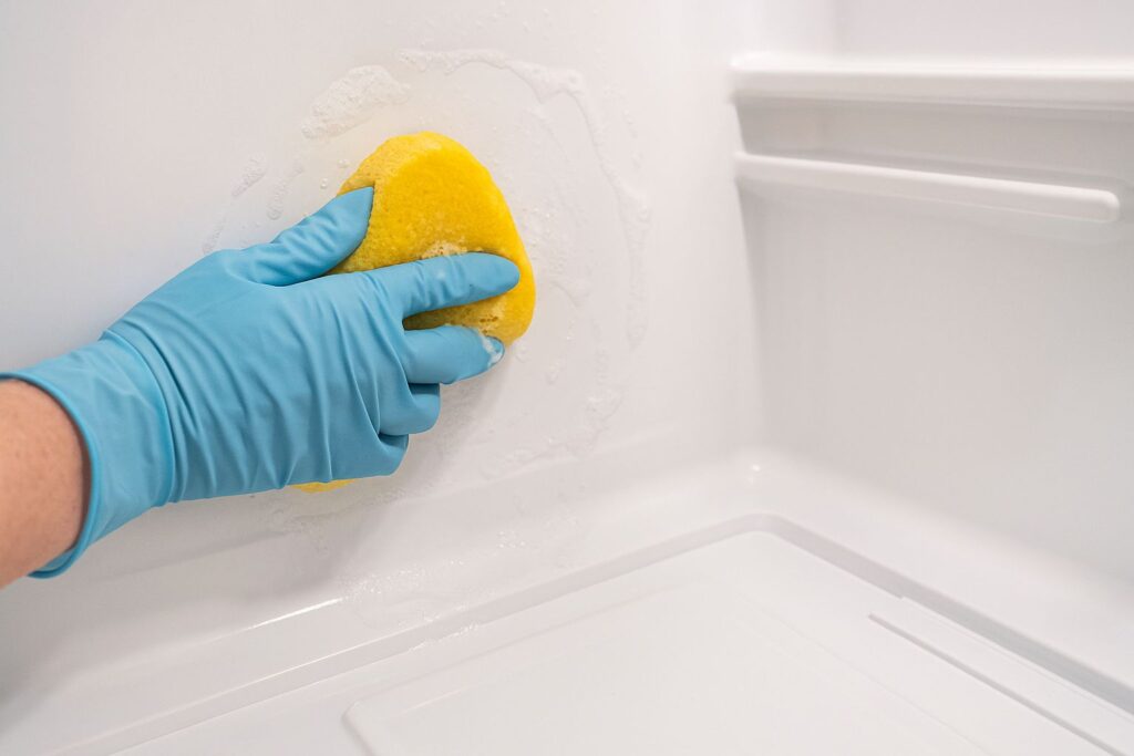 Cleaning the interior shelves of a fridge with soapy water to learn how to clean smelly fridge odors.