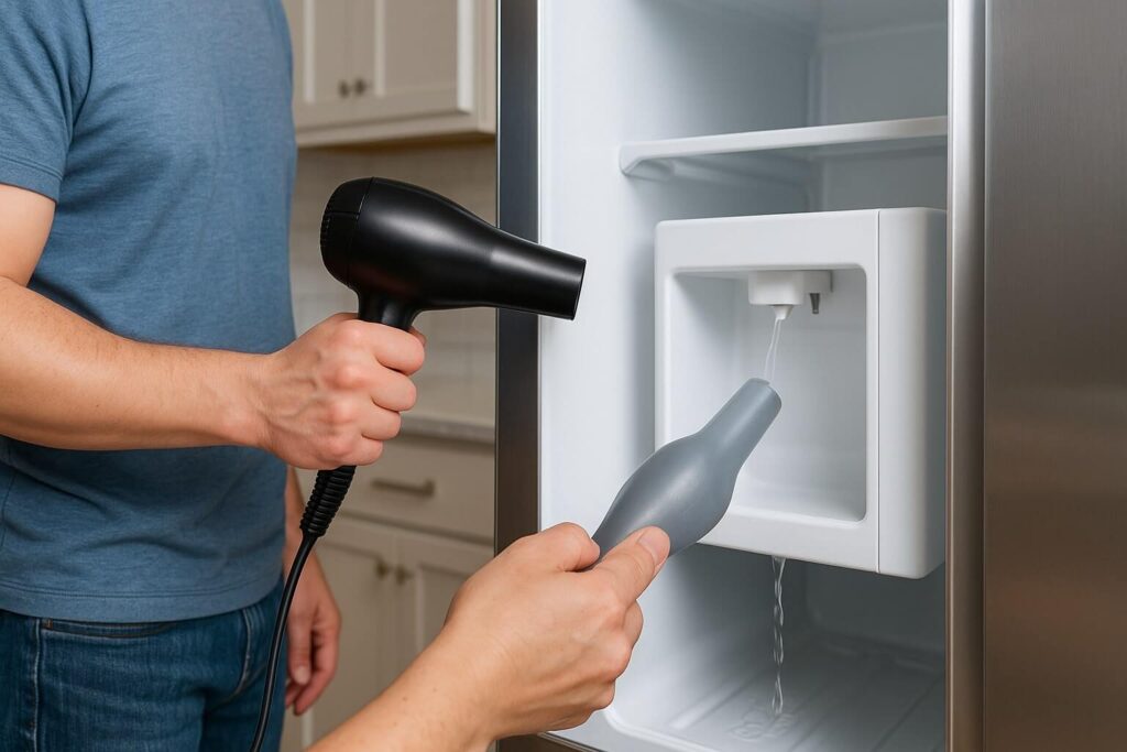 Using a hairdryer on a safe setting to thaw a frozen water line inside a refrigerator door.