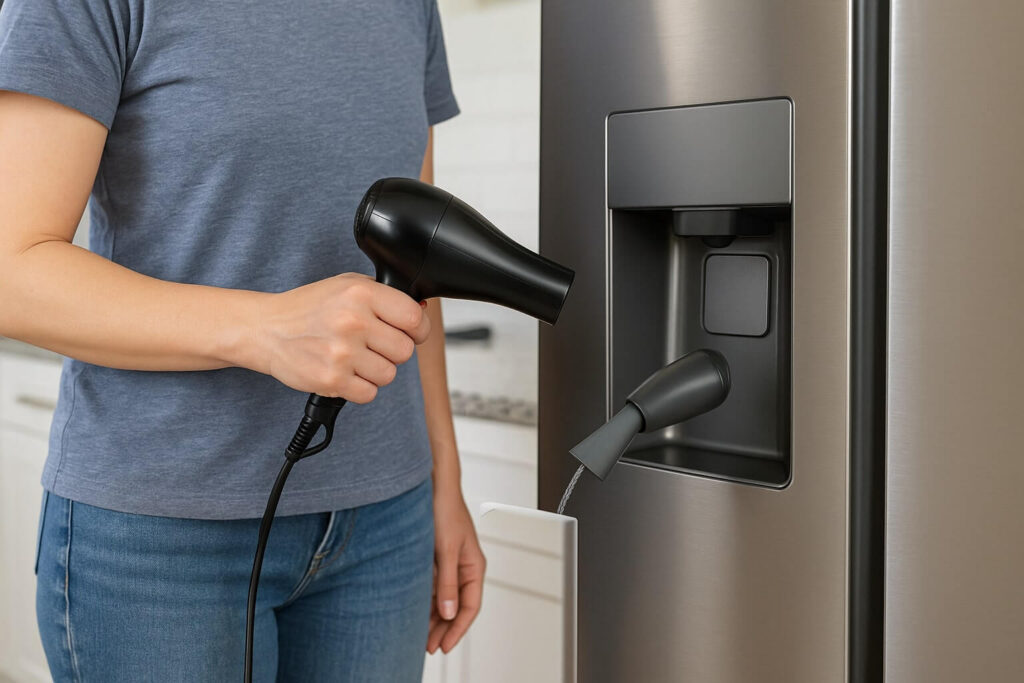 A person using a hairdryer on a low setting to gently thaw a frozen water line inside the refrigerator door dispenser.