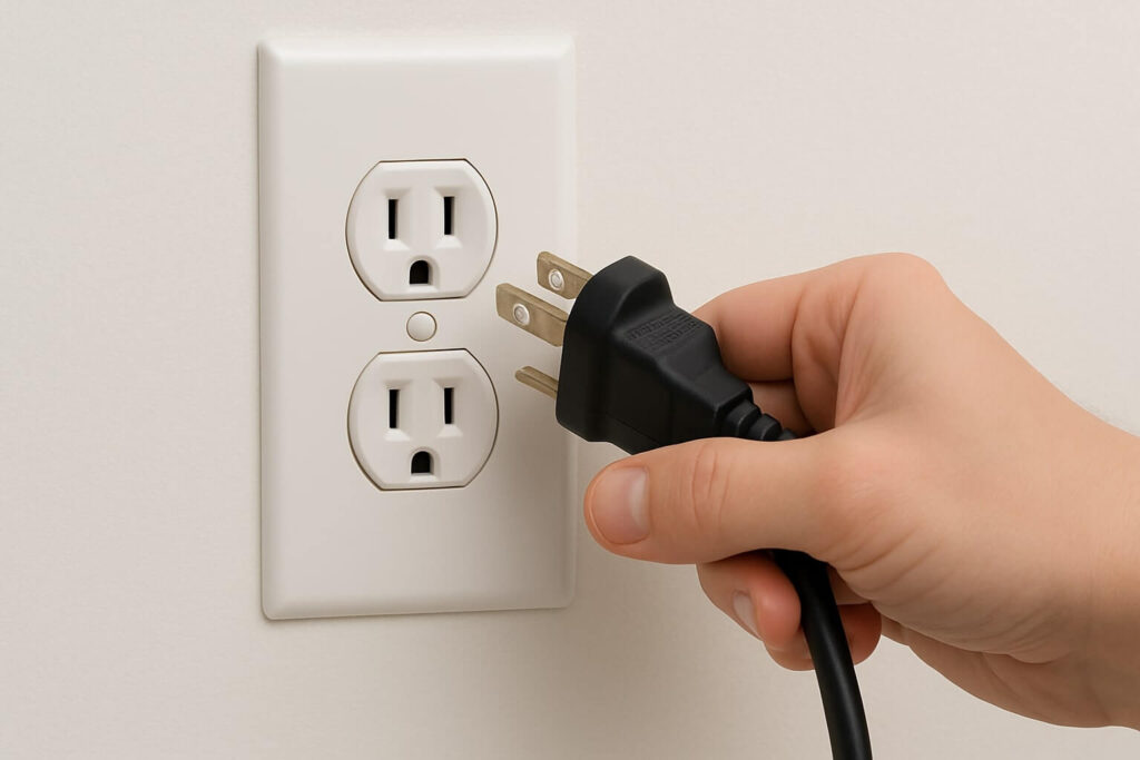 Unplugging a refrigerator from the wall outlet to reset the computer from demo mode.