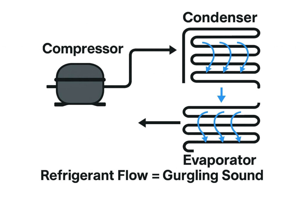Water droplets hitting a hot refrigerator defrost heater, creating a hissing sound.