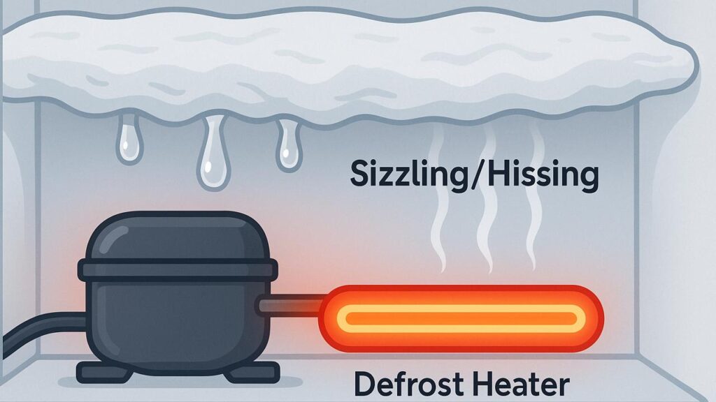 Water droplets hitting a hot refrigerator defrost heater, creating a hissing sound.