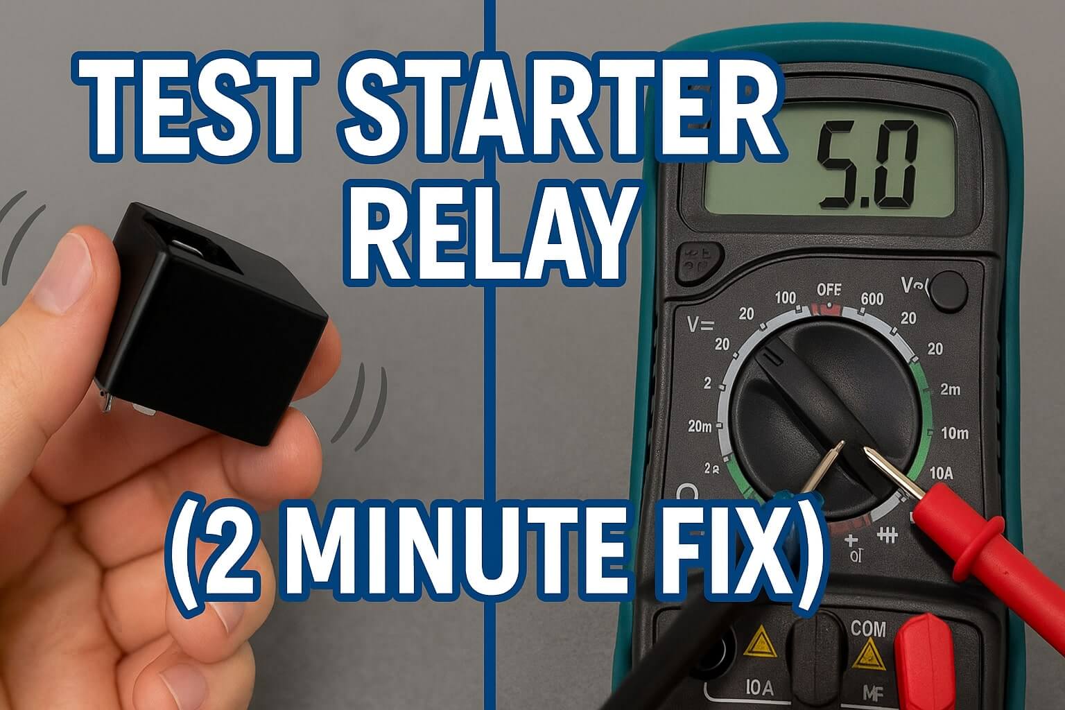 Split screen showing a hand shaking a starter relay and a multimeter testing for continuity, with text TEST STARTER RELAY (2 MINUTE FIX).