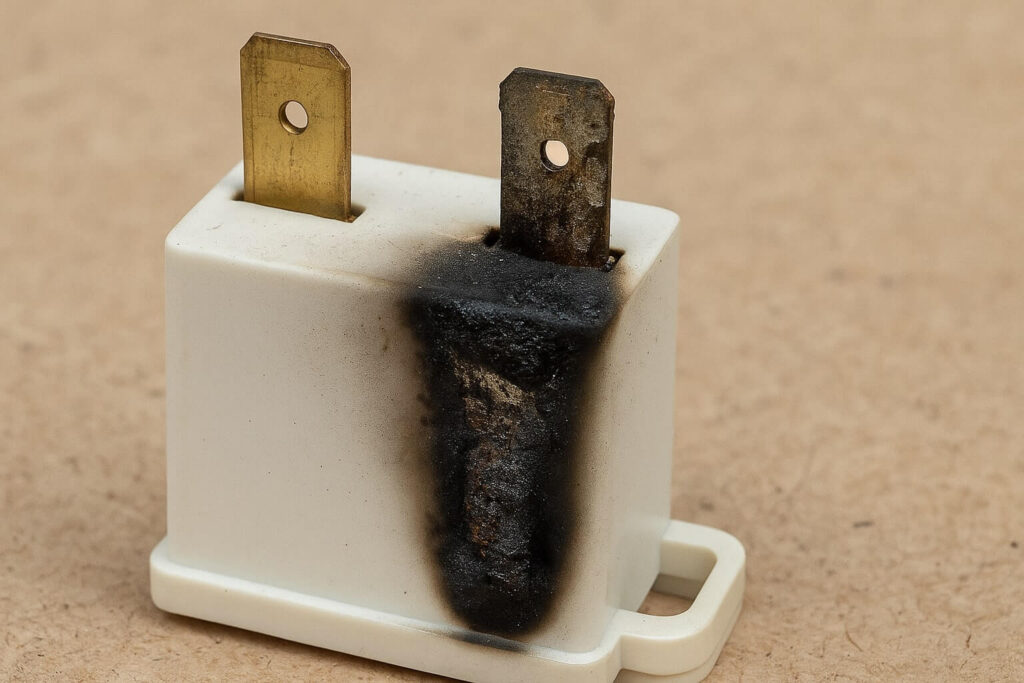 Close-up of a burnt-out start relay with scorch marks, a common cause of a fridge clicking not cooling.