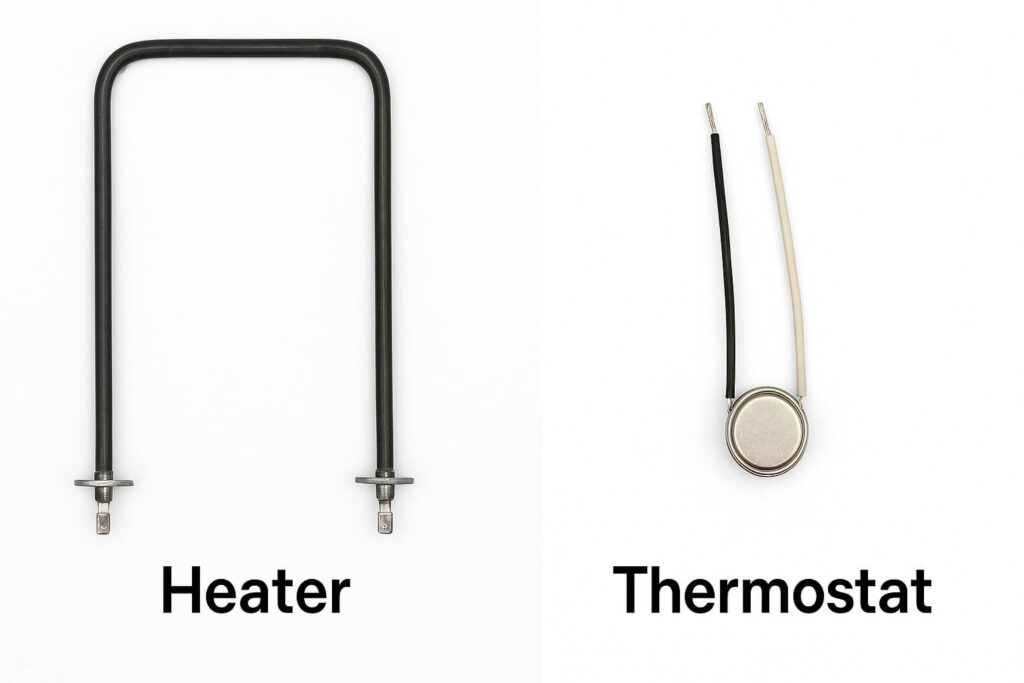 Visual comparison between the heater and the thermostat to avoid confusion when learning how to test refrigerator defrost heater.