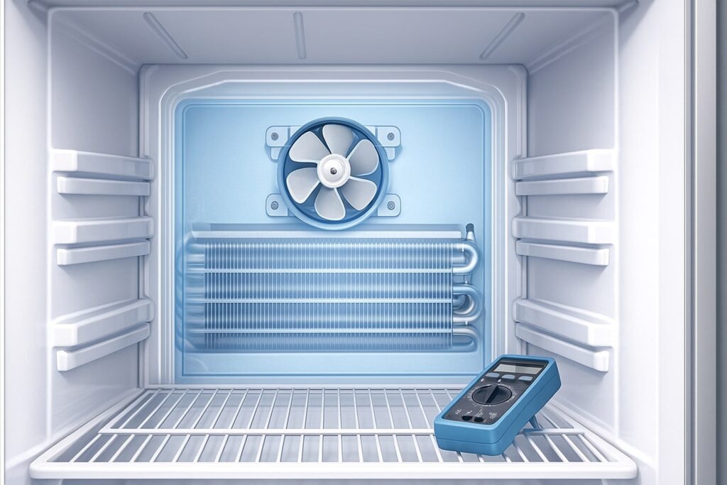 Diagram showing the location of the fan behind the freezer wall to identify bad evaporator fan motor symptoms.