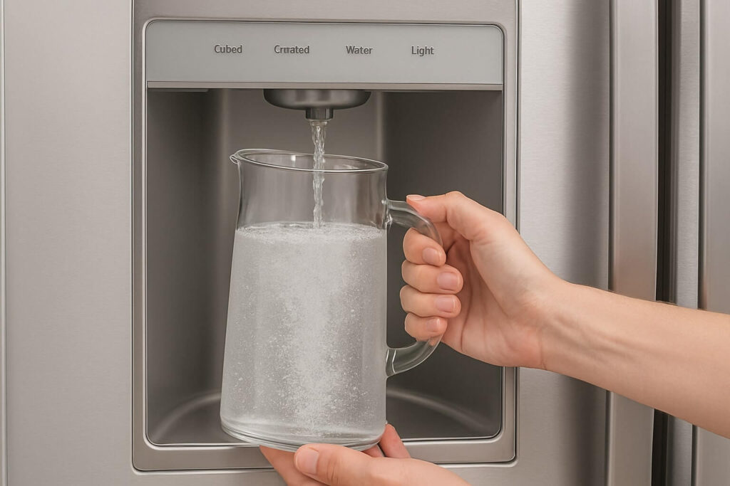 Filling a large pitcher with water from the refrigerator dispenser to flush a new filter.