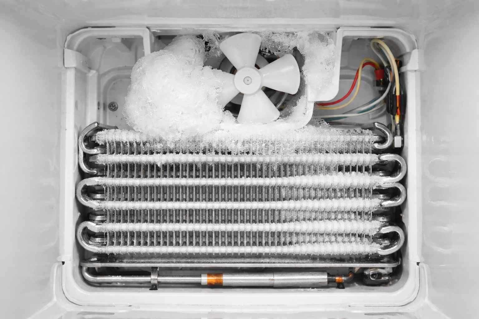 Freezer evaporator fan blade hitting thick ice buildup causing grinding noises