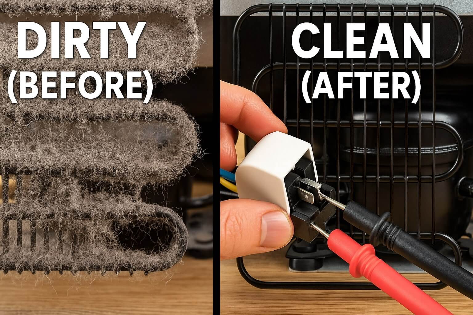 Split screen image showing dirty, dusty refrigerator condenser coils on the left and clean, shiny coils on the right.