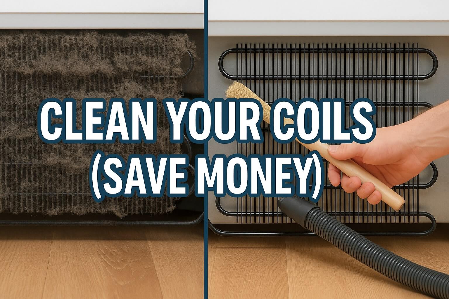 A person cleaning refrigerator coils with a long brush and vacuum, with text overlay CLEAN YOUR COILS (SAVE MONEY).