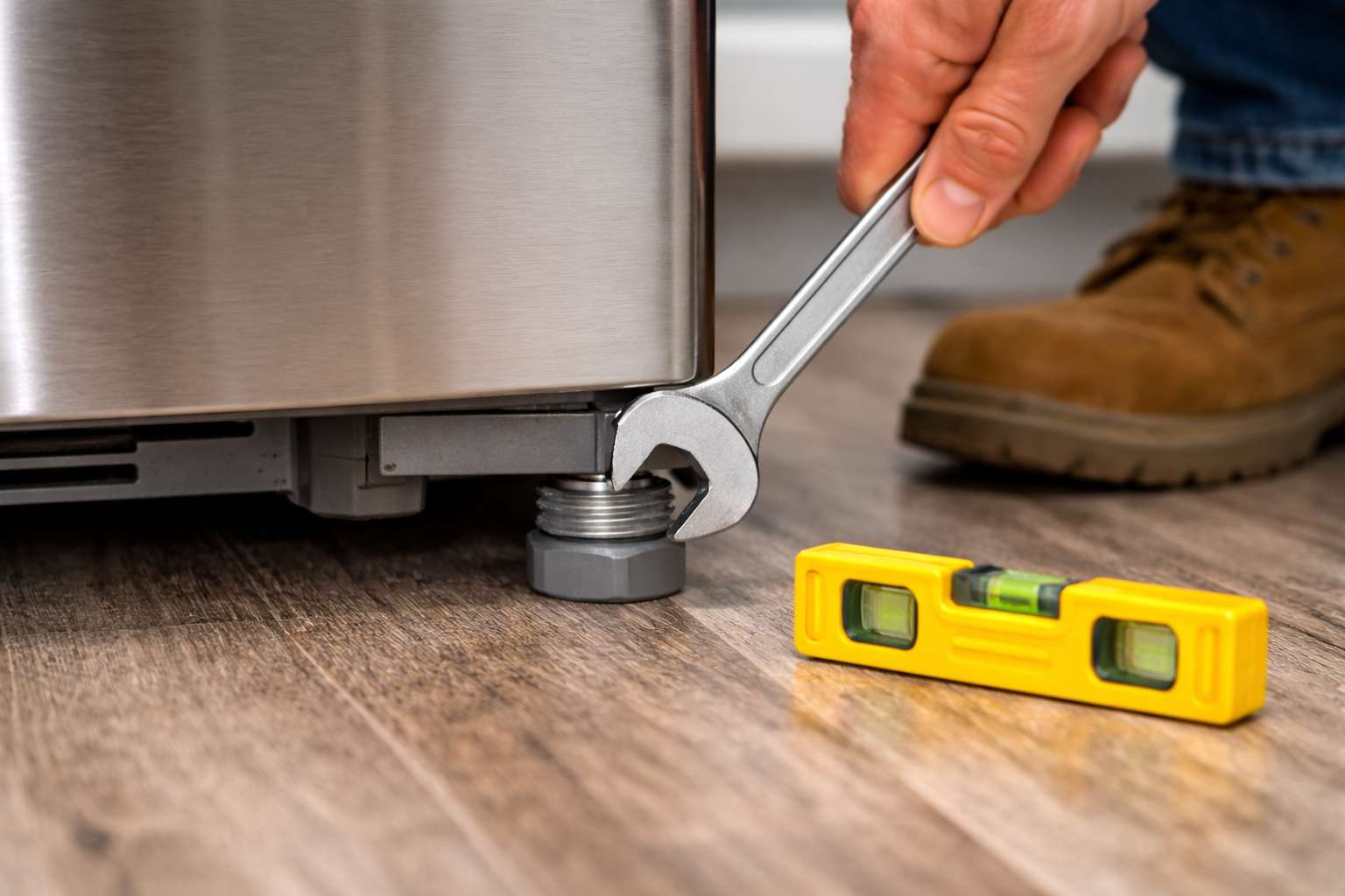 Adjusting the front leveling legs of a refrigerator to stop severe vibration noise