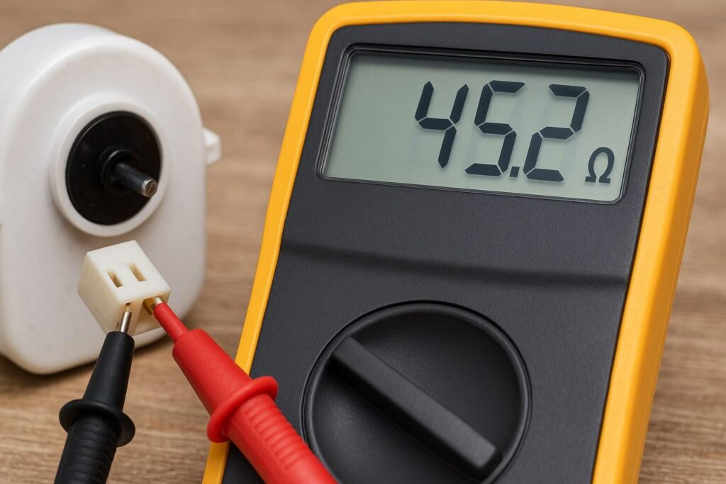 Using a multimeter to check resistance on a motor to diagnose refrigerator evaporator fan noise.