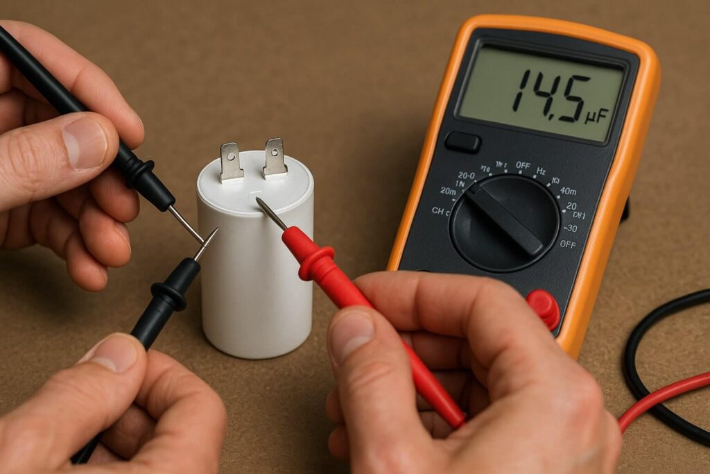 Close-up action shot using a multimeter with capacitance mode to demonstrate exactly how to test refrigerator capacitor for faults.