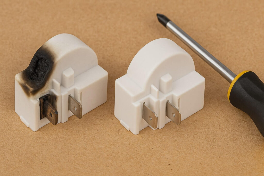Comparison of an old, burnt start relay versus a brand new replacement part used to stop the clicking sound.