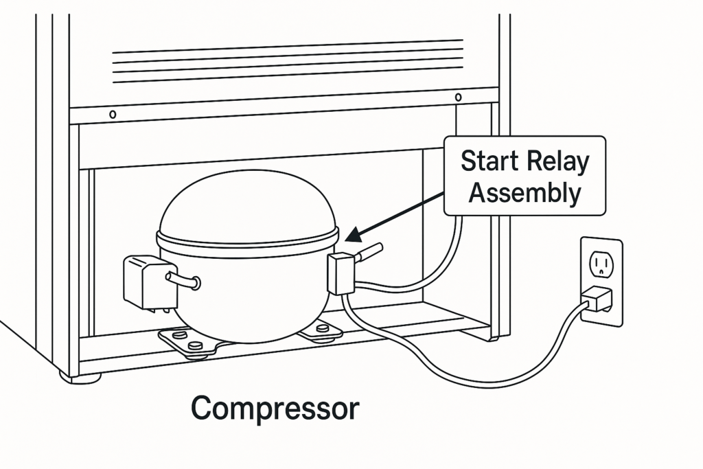 Diagram showing the location of the start relay assembly on the compressor to fix a bad starter relay sound.