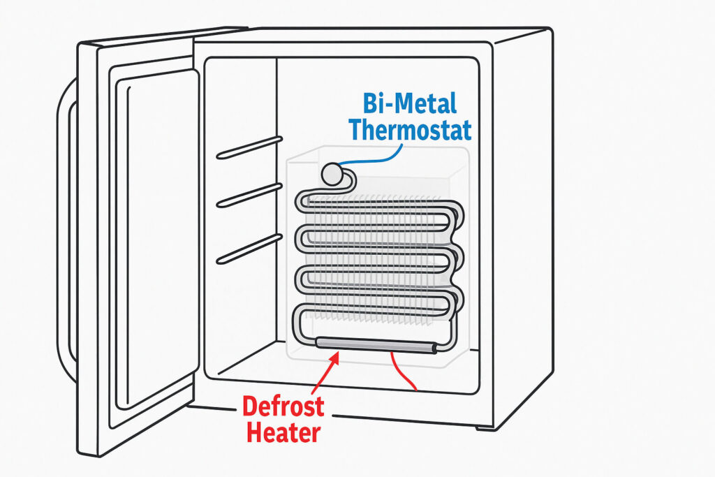 Diagram showing the specific refrigerator defrost heater location behind the freezer back panel.
