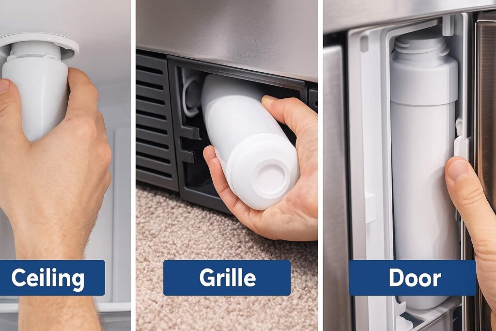 Diagram illustrating three common refrigerator water filter locations: the interior ceiling, the bottom base grille, and inside the door panel.