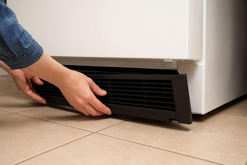 Removing the plastic kick-plate at the bottom of a refrigerator to access the condenser coils.