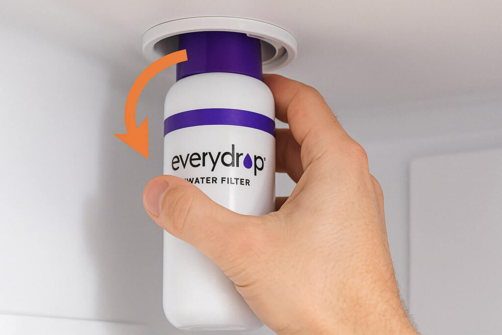 Hand twisting an EveryDrop water filter counter-clockwise to remove it from the refrigerator, a simple check to perform before learning how to test refrigerator thermostat.