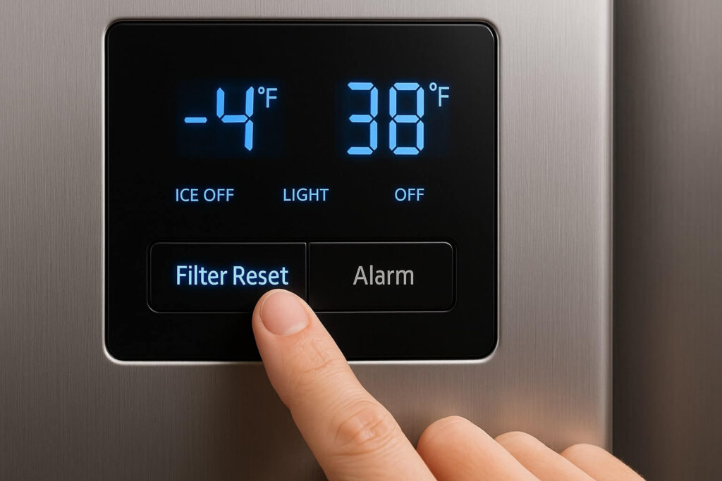 Performing a refrigerator water filter light reset on the control panel after installation.