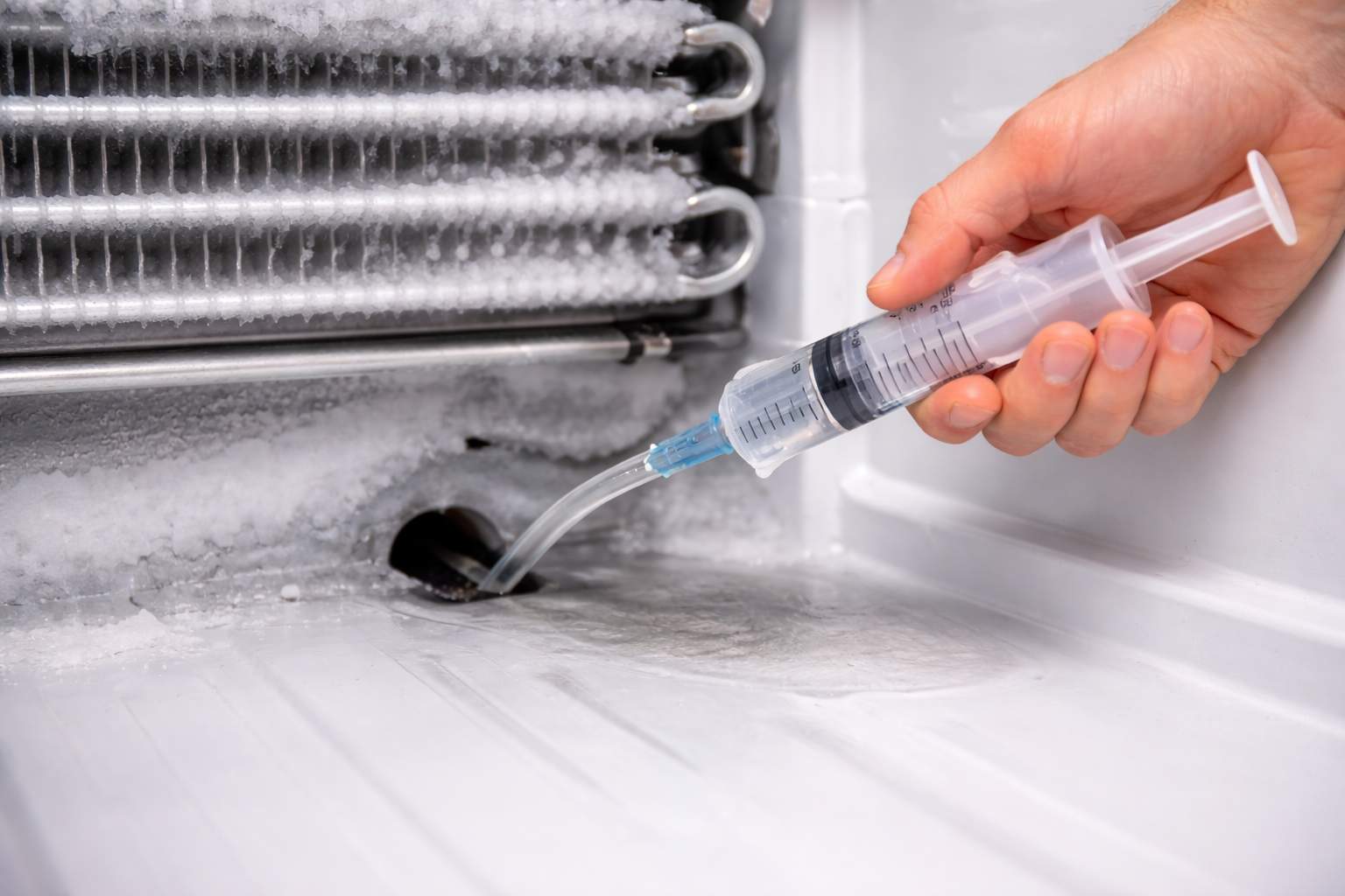 Person using a plastic syringe with a flexible tube to inject hot water into a frozen refrigerator defrost drain hole