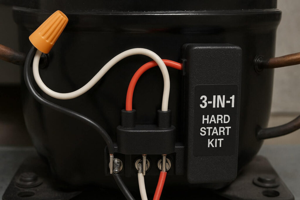 Final wiring connections showing how to wire a Supco RCO410 hard start kit to the fridge power lines.
