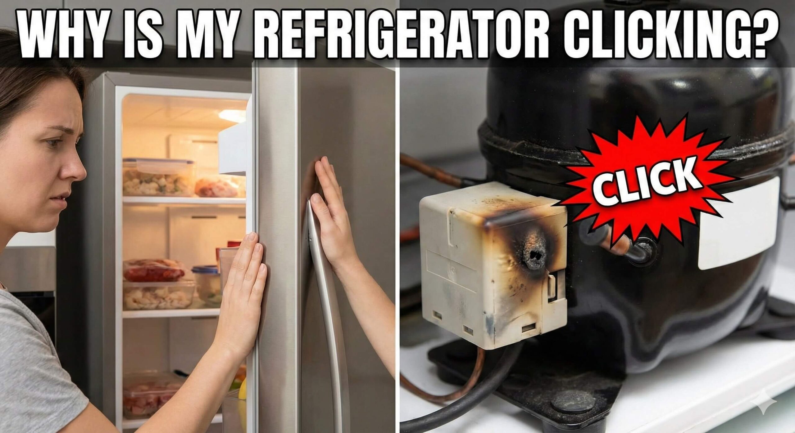 Feature image showing a worried person and a damaged start relay, illustrating the guide on fixing a refrigerator clicking sound.