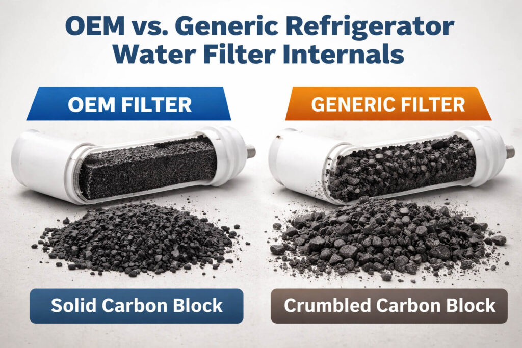 Water Filter internals showing crumbled carbon block