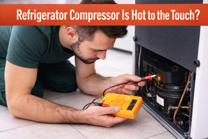 Technician checking refrigerator compressor temperature with infrared thermometer