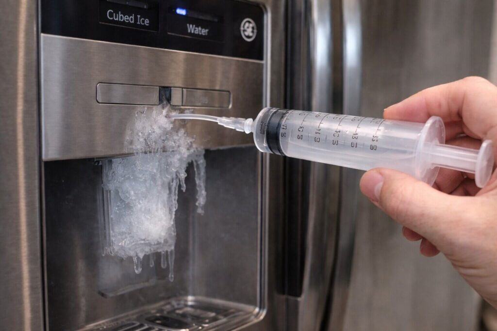 The ultimate water line frozen in door fix using a plastic medical syringe and warm water.