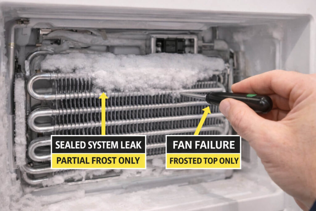 Checking partial frost pattern symptoms on an aluminum coil to diagnose a sealed system leak vs fan failure.