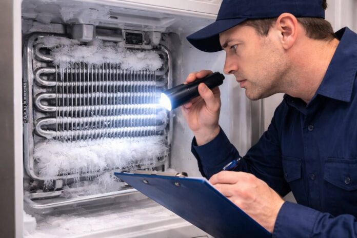 A professional technician analyzing a refrigerator evaporator frost pattern meaning to diagnose a cooling failure.